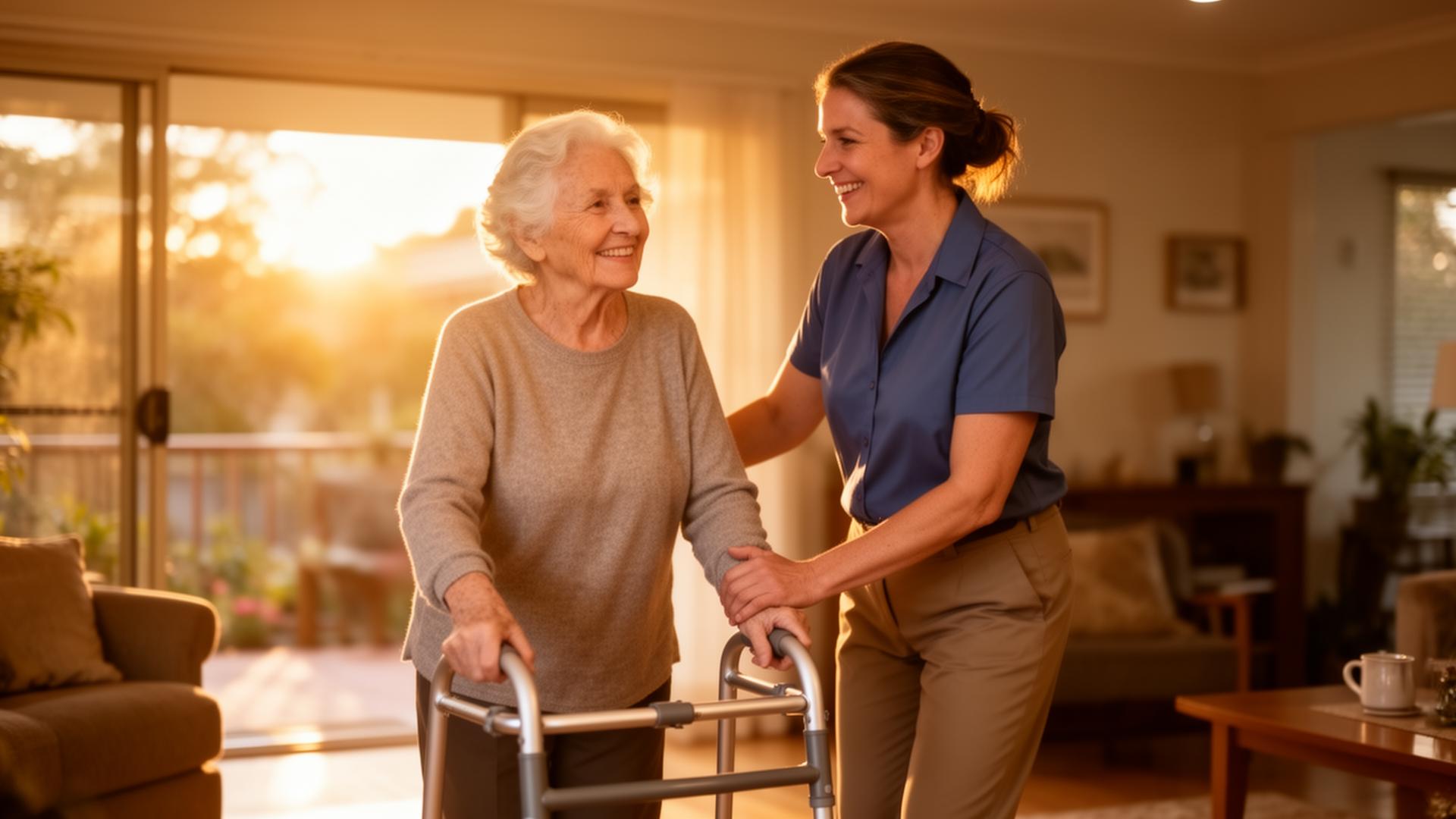 Support worker assisting an elderly woman at home